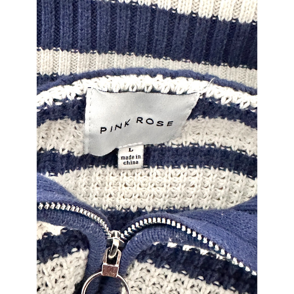 Pink Rose Blue White Striped Funnel Zip Collar Sweater Large Preppy Nautical - Picture 7 of 8